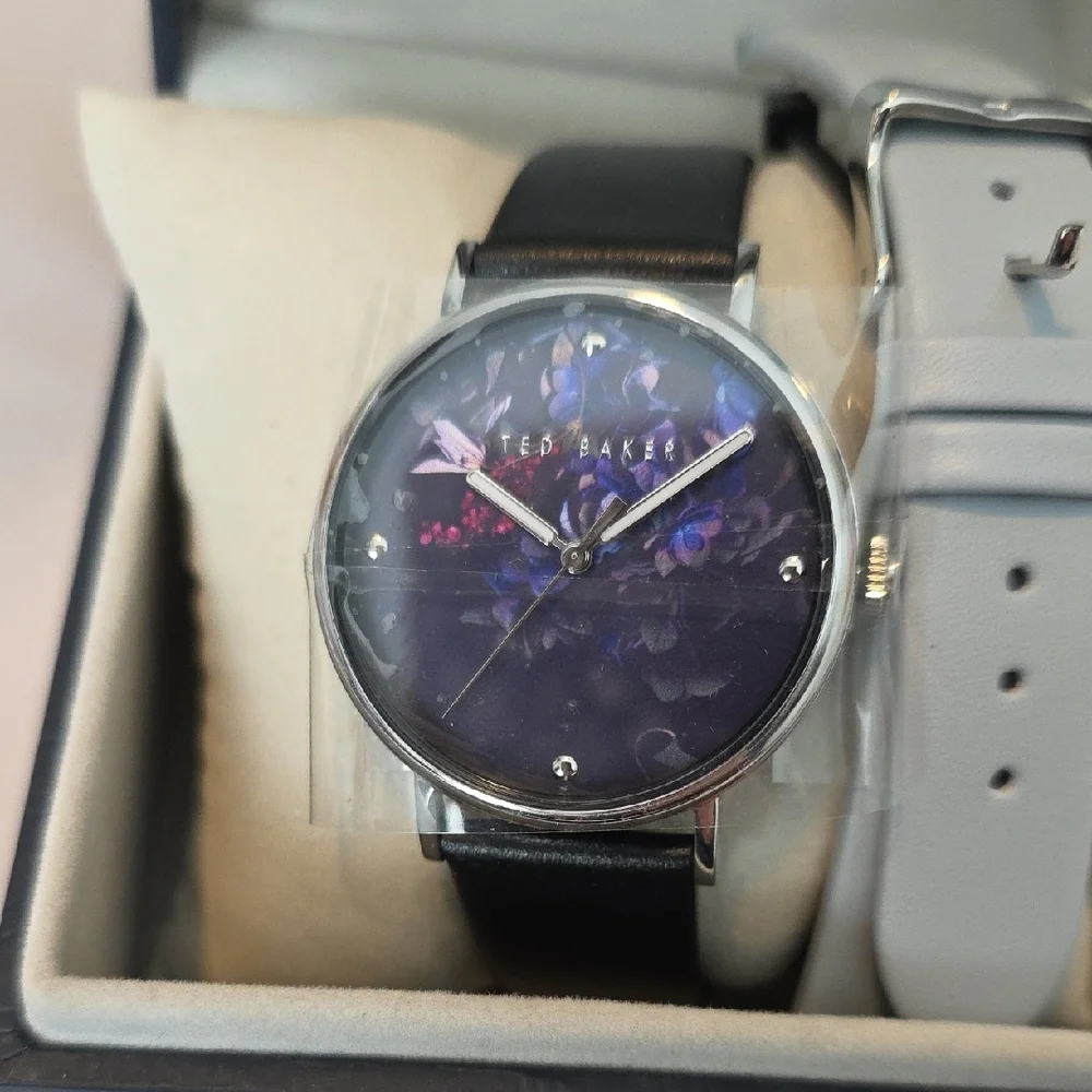 Ted Baker Women's Watch Purple Dial Floral with 2 Leather Straps NWT